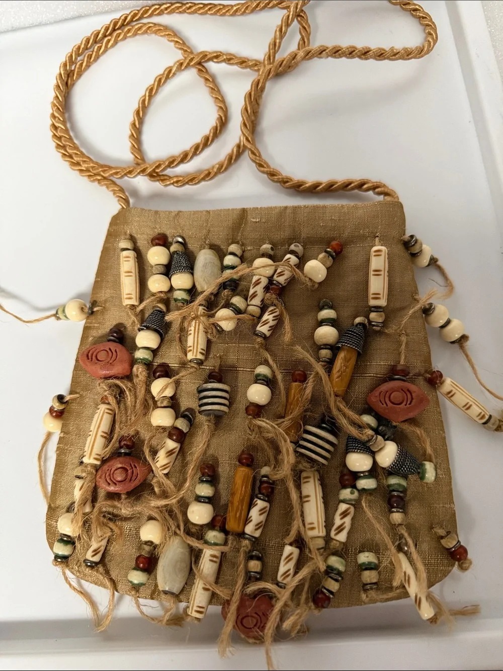 Handcrafted Beaded Fringe Crossbody Bag – Tan